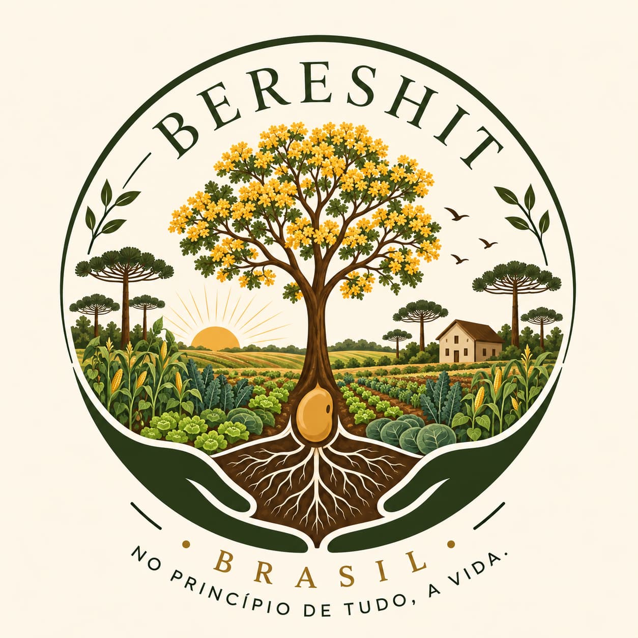 Ilustração da Bereshit: mãos sustentam um ipê florido, com araucárias, cultivos diversos, sol nascente e três pássaros.
